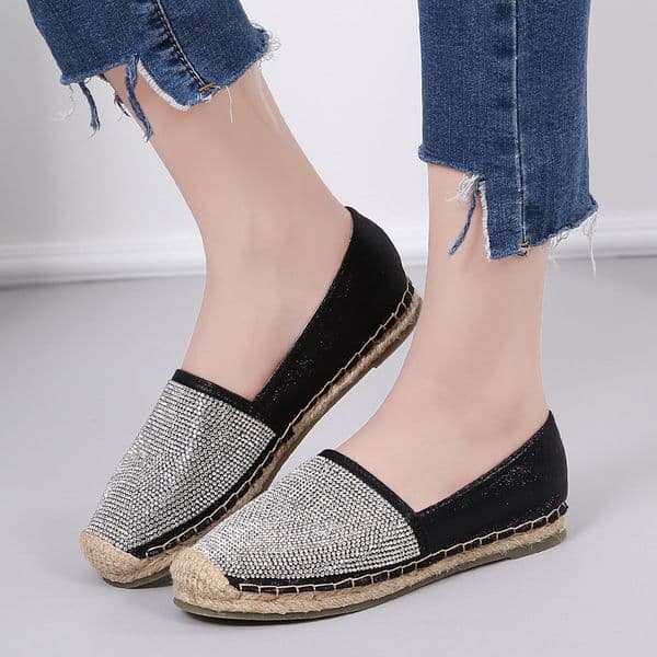 brand designer crystal flat shoes woman glitter oxford platform flats sequined cloth straw espadrilles women lazy loa 399e