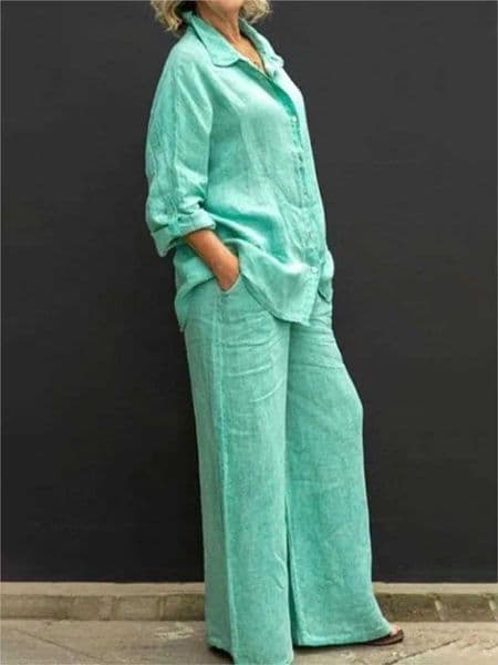 Linen Solid Cotton Shirt Pants Suits Ele 2 Piece Set For Women Spring Autumn Long Sve Top Wide Leg Casual Outfits Femmex241112