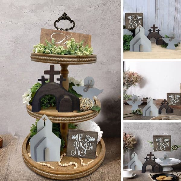 Easter Tiered Tray Ornament Decorative Home Decoration Easter Jesus Tomb Tray Bundle Kit Farmhouse Rustic Tiered Tray Ornaments
