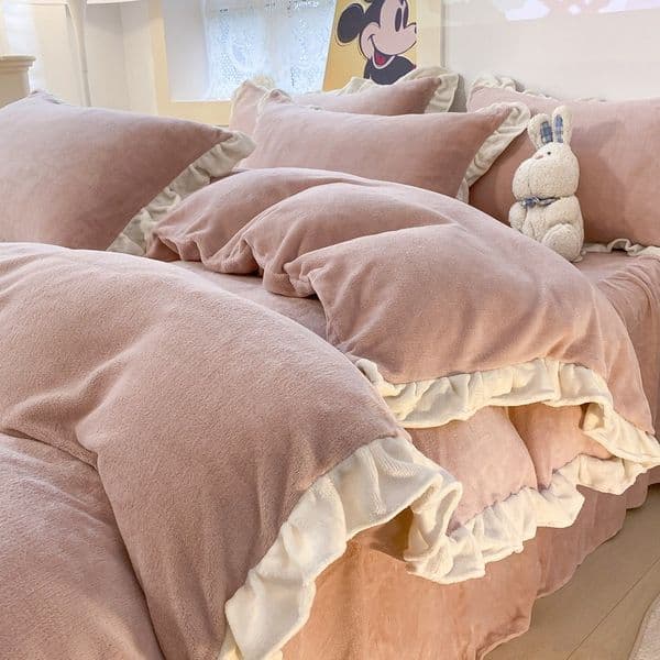 4pcs Grey Beige Bedding Set 2x2.3M Duvet Cover Set Soft Fleece Comforter Cover Ruffle Bed Linen