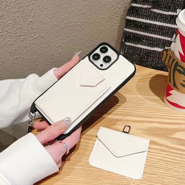 Crossbody Designer Phone Case for Apple iPhone 17 16 Pro Max 15 Plus 14 13 Luxury Leather Shoulder Strap Card Holder Universal Earphone Cover Kit Coque Funda White CEP