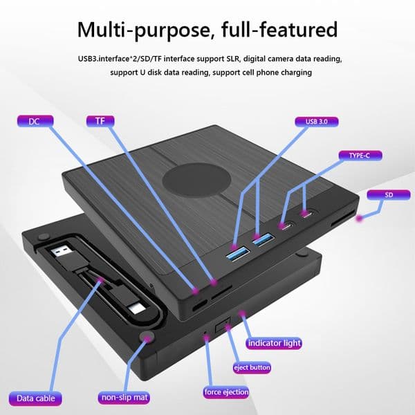 7 in 1 USB 3.0 External CD DVD Optical Drive DVD Player Burner Reader 2 USB/Type-C Ports 1 TF/SD Card Slots Drives for Laptop PC