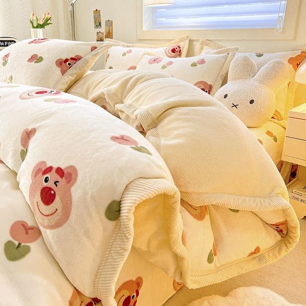 Zebra Print Flannel Bedding Set 4pcs 200x230cm Warm Soft Duvet Cover Animal Pattern