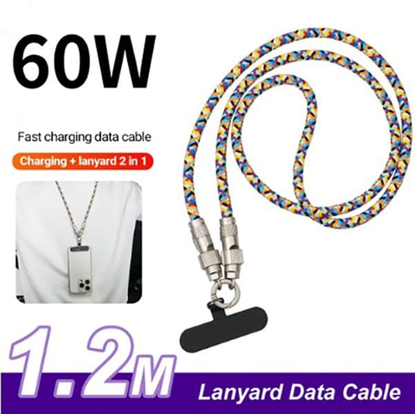 60W PD USB C to Type-C Lightning Fast Charging Cable With Lanyard 1.2M Color Data Line Cable Compatible With Mobile Phone and Laptop iPhone Cable for iPhone 16 15 14 13 12 11