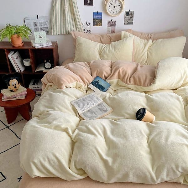2x2.3M Color Block Bedding Set 4pcs Fleece Duvet Cover Blue Green Gray Bed Set for Bedroom