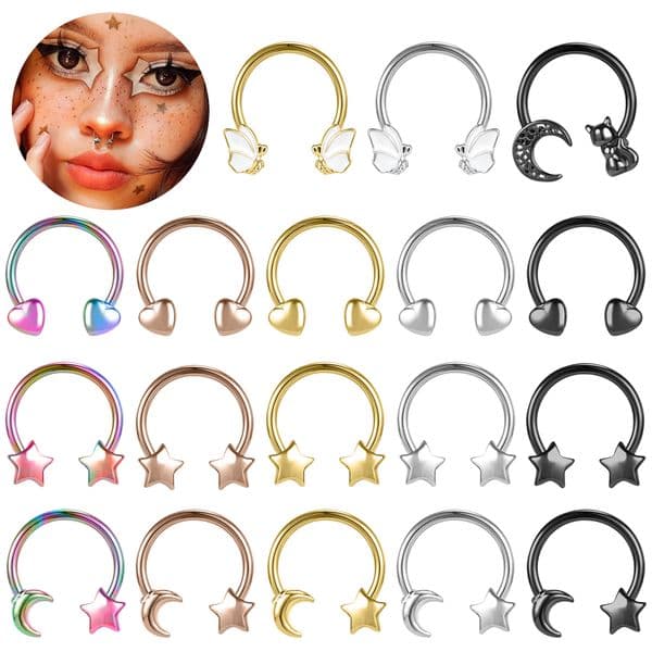 ZS 14G Mix Color Septum Rings Stainless Steel Heart Star Nose Piercing Jewelry Gold Plated Helix Hoop Earring Cat Earrings Women