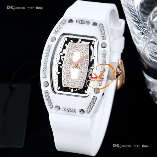 New 32mm 07-01 Womens Watch Swiss Quartz White Ceramic Case Skeleton Red Dial Diamond Bezel White Rubber Strap Ladies Watches Wristwatches PureTime E317B