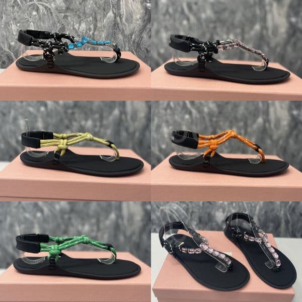 Sequined Straw womens flat Flip Flops luxury designer Sandals woman Beach slippers Triangle Gladiator Bohemian Minimalist sandal Buckle Strap famous shoes muaddi