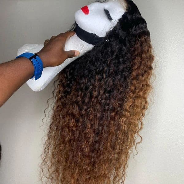 Brazilian Curly 360 Frontal Wigs Ombre Brown Lace Front Human Hair Water Wave Synthetic Wig Preplucked for Women