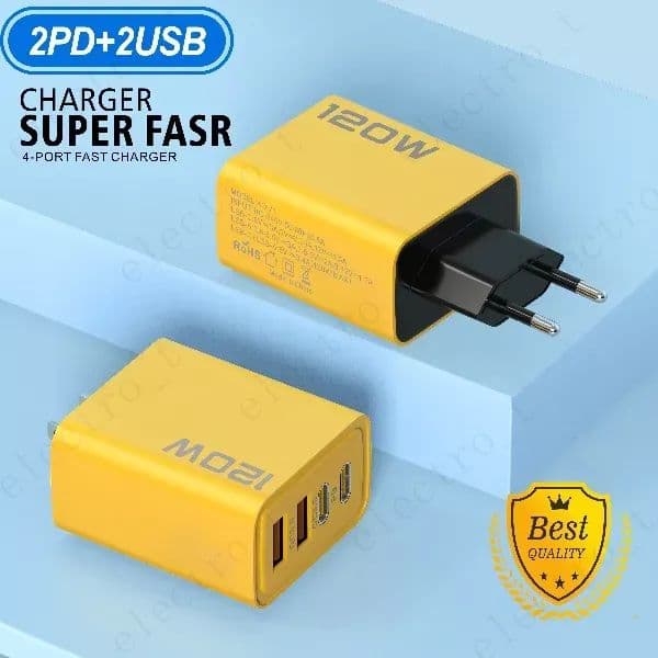 Hot-selling 120W Yellow Bumblebee Super Fast Charging 2PD+2USB Charging Charger for Laptops Tablets Mobilephones Travel Wall EU/US Plug Charger in Retail Box