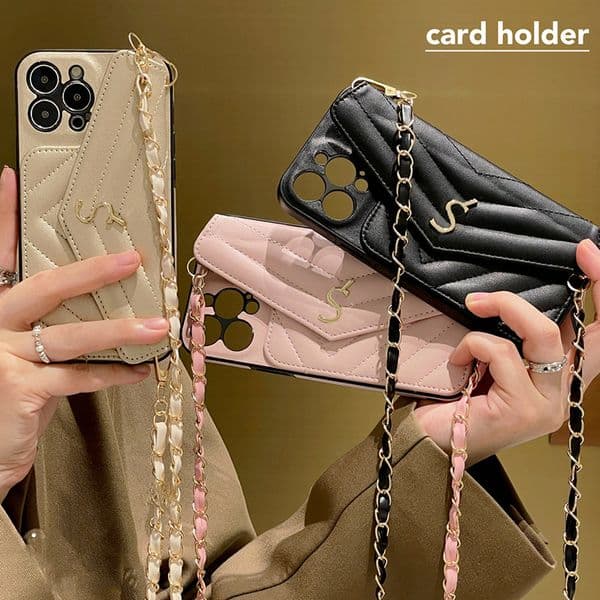 For Pro Max Crossbody Phone Designer Apple iPhone 14 ProMax 13 12 11 15 16 Plus phone Card Holder Leather Case Chain Strap Lanyard