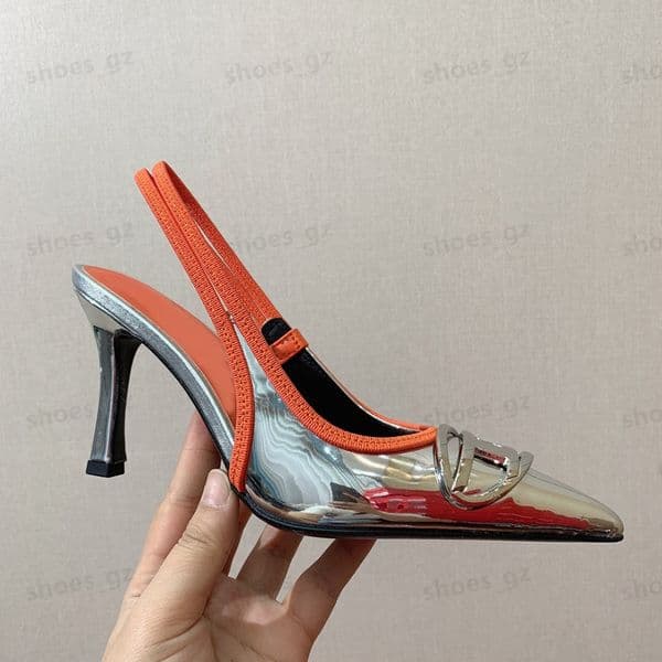 Metallic Buckle decoration Slingbacks pumps Pointed Toes Elastic band straps Stiletto Heel Sandals Women Luxury Designer Patchwork Denim shoes Office Party shoes