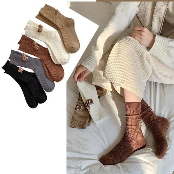 Women Socks 2 Pairs Cashmere Wool Winter Solid Warm Thickened Pile Embroidered Logo Mid Calf Casual Snow Boot Sock