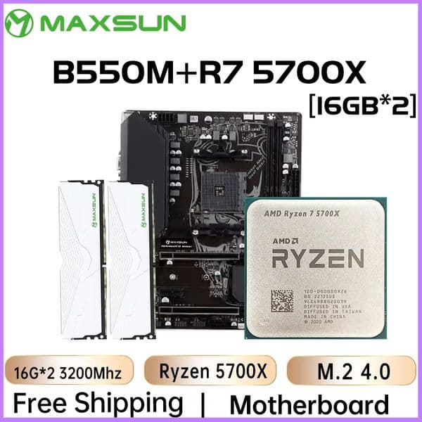 MAXSUN B550M with Ryzen 7 5700X CPU Memory DDR4 32GB (16GB*2) 3200MHz Motherboard Kit Desktop Computer Gaming AMD Mainboard Set