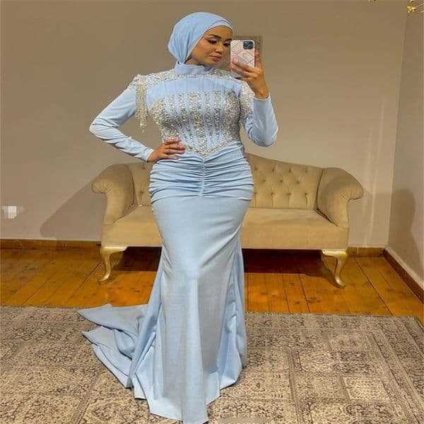 Blue Muslim Prom Dress Luxury Arabic Dubai Mermaid Evening Dress Elegant Islamic Beaded Formal Occasion Birthday Gown Vestidos De Noite robe de soiree femmes