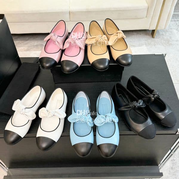 High quality New Bow Ballet flats Mary Jane shoes with strap Bowtie Flat loafers Dress shoes slip on sandal Real leather Luxury designer shoe Vacation Driving shoes