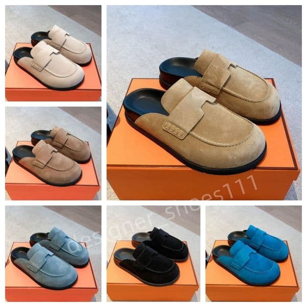 slippers designer slippers mule Italian suede calfskin Mule Women Men Flat Slippers Fashion beige Indoor Slide Beach chamois Casual shoes Boken wool slippers
