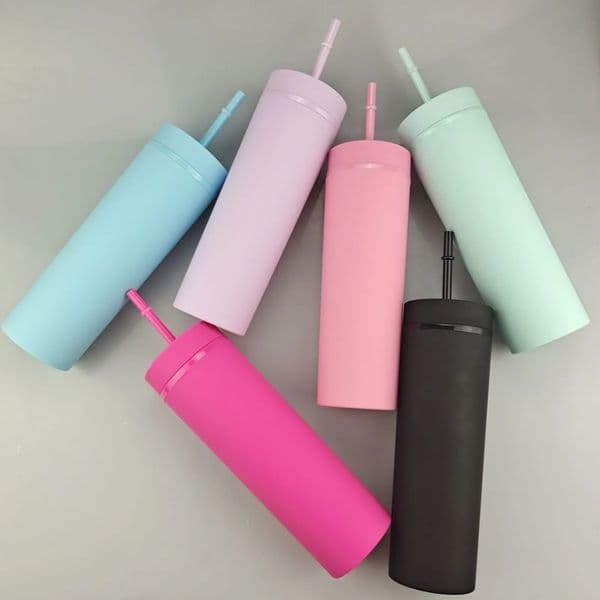 16oz Matte Cups Acrylic Skinny Tumblers with Lid Straw 500ml Plastic Coffee Drinking Mugs Double Wall Black Plastic Cup 6 Colors
