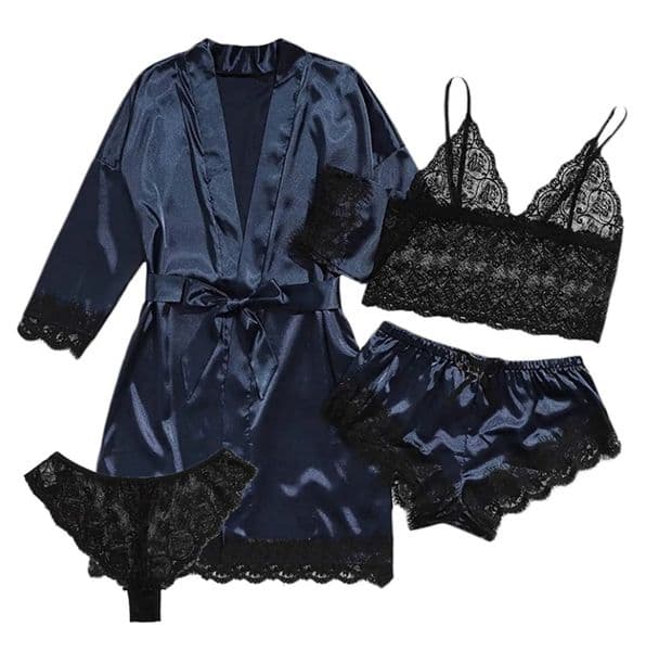 New Women's Pajamas Four-Piece Sexy Large Size Robe Halter Shorts Set Outside Home Wear Pajamas Set Sexy Lace Pajamas Robe