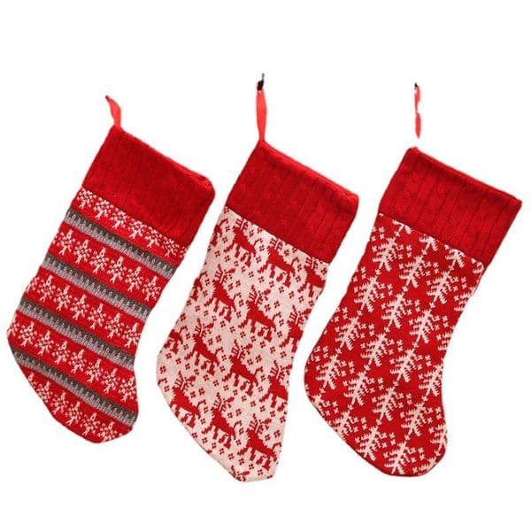 Red White Christmas Gift Stocking Knitted Fireplace Mantel Hanging Bag Holiday Home Decoration