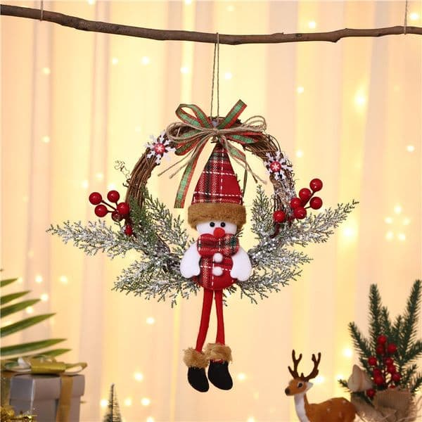 Christmas Door Wreath with Snowman Santa and Reindeer Hanging Holiday Wall Decorations
