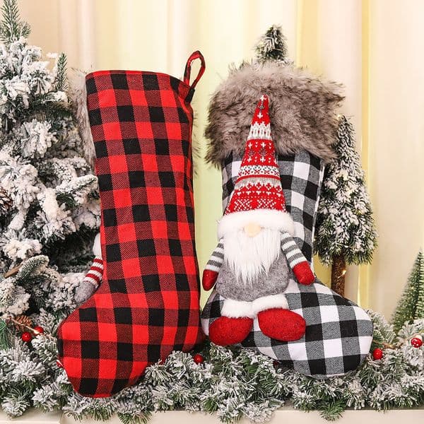 Holiday Fireplace Mantel Decoration Gnome Plush Christmas Stocking Red Black Ornament For Party Home Decor