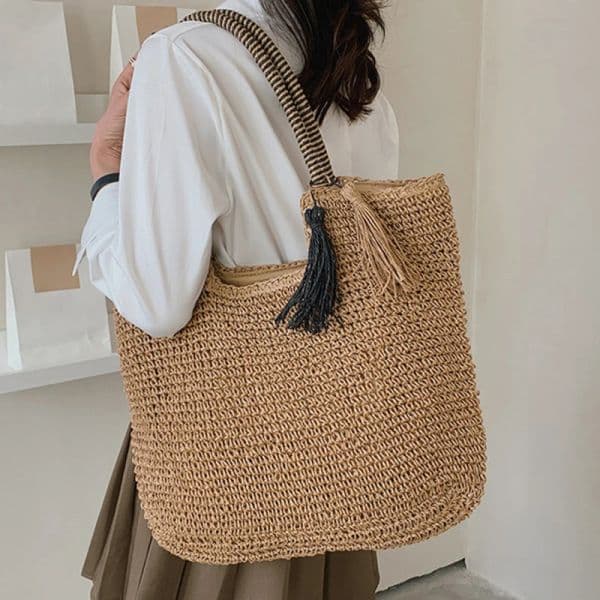 Large Straw Woven Bag Tassel Tote Bag TLXT Summer Beach Bag for Women Large Capacity Fashion Shoulder Bag Lady Handbags and Purses