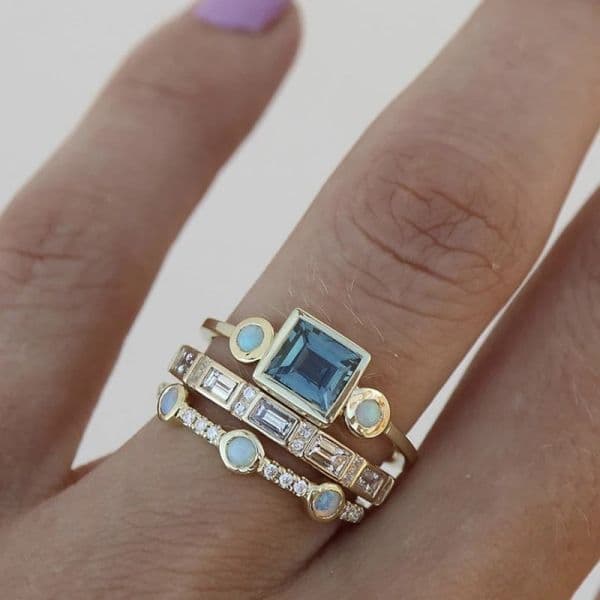 Fashion Personalized Blue Color Stone Round Square Three Piece Set Ring Female 14k Yellow Gold Rings For Women Jewelry 2024