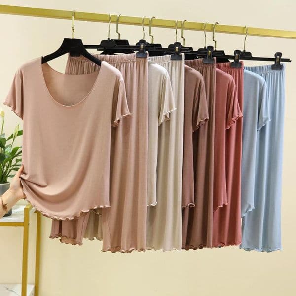 Home Clothing Modal Pajama Sets Summer Thin Women 2 Piece Set Outfit Short Sleeve Capri Pants Pijama Feminino Plus Size Homewear Pyjama 123