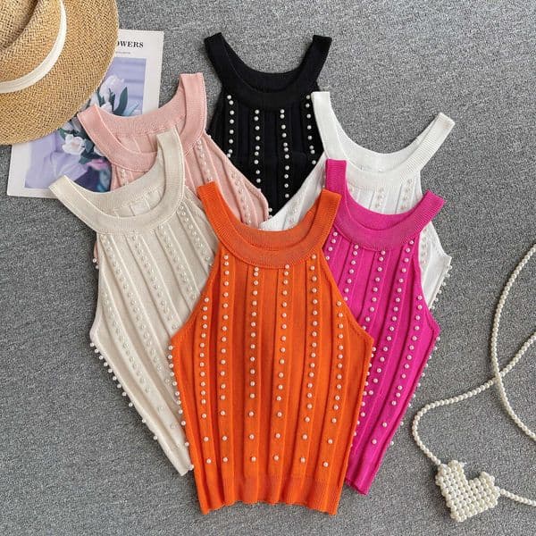 Pure desire top womens heavy industry nail bead slim fit short sexy off the shoulder hanging neck suspender vest womens versatile knitwear trend