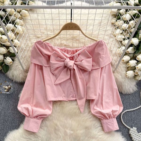 French light luxury style with a sense of luxury one shoulder shirt womens bow lantern sleeves short design niche temperament top