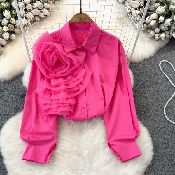 Fashionable socialite temperament design sense long sleeved three-dimensional flower Polo collar loose single breasted shirt for womens casual top