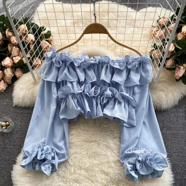 New sexy one line neckline exposed shoulder lotus leaf edge long sleeved chiffon crop top shirt womens waist up top small shirt