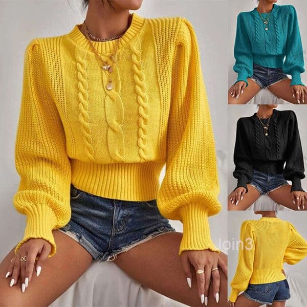 24ss new sweater autumn winter solid color Pullover round neck fried dough twist versatile Lantern Sleeve Sweater women