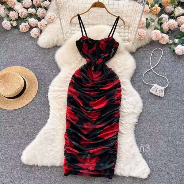 Summer Vacation Style Korean Chic Mesh Chiffon Printed Waistband Dress French Long Dress
