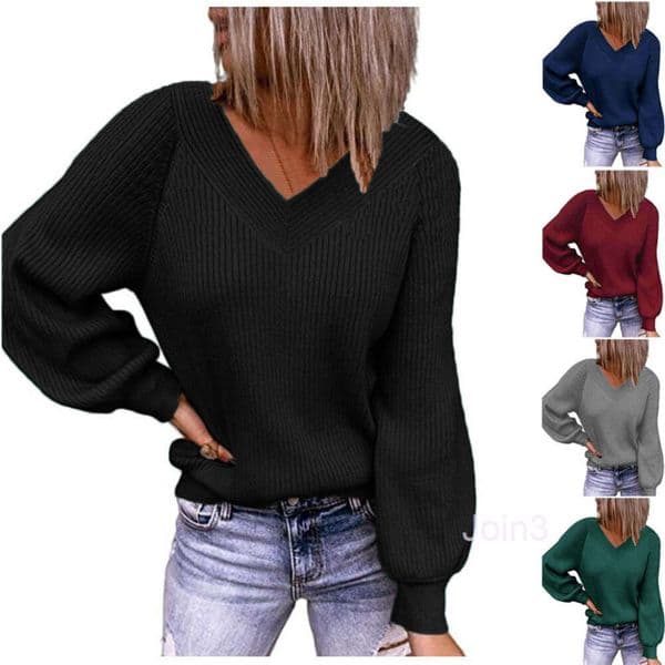 New autumn and winter womens solid color loose fit large V-neck sweater with fashionable pullover sweater