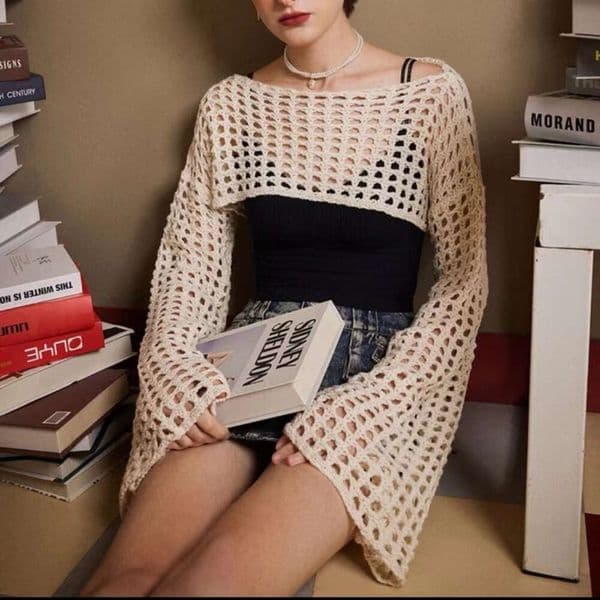 Short Style Exposed Navel Y2k Top Fashion Cute Sweater Beach Womens Knitted Hollow Out Top