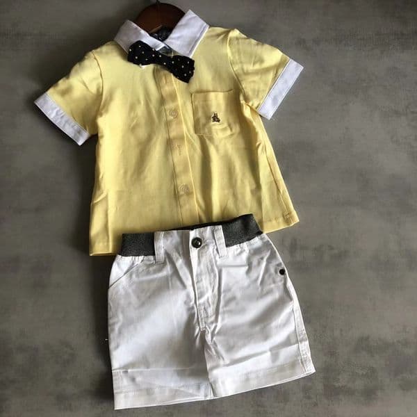 New childrens Yellow cotton Blouse T-shirt Shorts Tie 3in Clothes Sets Baby&Kids Clothing Spring&summer classic clothing Tops&Tees Clothing Sets Boys Clothes Sets