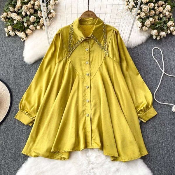 Spring and autumn high-end light luxury temperament long sleeved diamond studded mid length loose single breasted shirt for womens casual top