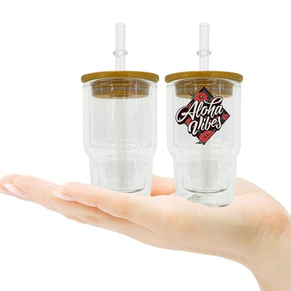 Wholesale bulk pre-drilled double walled mini 3oz sublimatable glass glitter globe shot glass iced coffee Camper glass cups with bamboo lid and straw