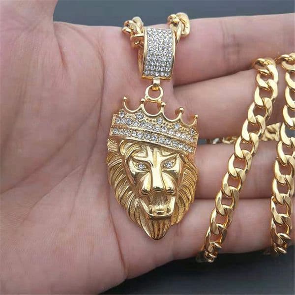 Hip Hop Full Iced Out Bling Lion Rhinestone Stainless Steel Cuban Chain Gold Color Pendants & Necklaces For Men Jewelry Dropship