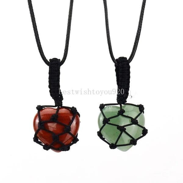 Black Color Handmade Woven Agate Stone Net Pocket Pendant Necklace for Women Girls Heart Shaped Crystal Stone Geometric Necklace