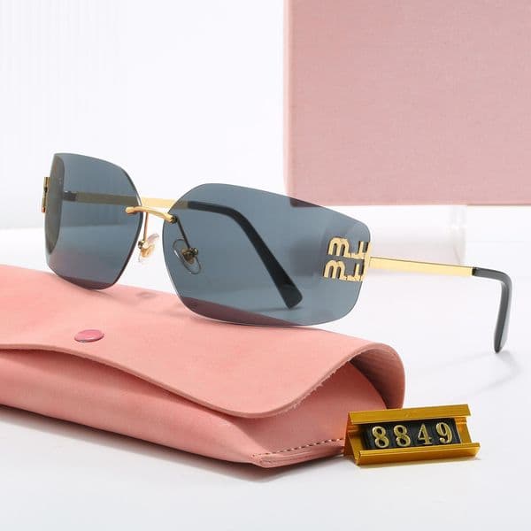 Designer sunglasses for women luxury metal letter temples fashion trend rimless outdoor travel premium sunglasses