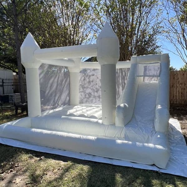 White inflatable bouncy castle with slide and ball pit moon bounce house jumping bouncer children's trampoline blower included for outdoor party fun