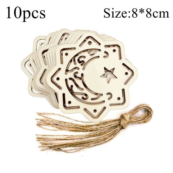 10pcs Hollow-Out Eid Mubarak Wooden Hanging Pendant DIY Wooden Ornaments Crafts For Muslim Ramadan Kareem Home Party Decorations