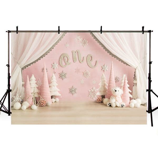 Avezano Girl 1st Birthday Backdrop For Photography Pink White Curtain Snowflake Forest Tree Smash Cake Background Photo Studio