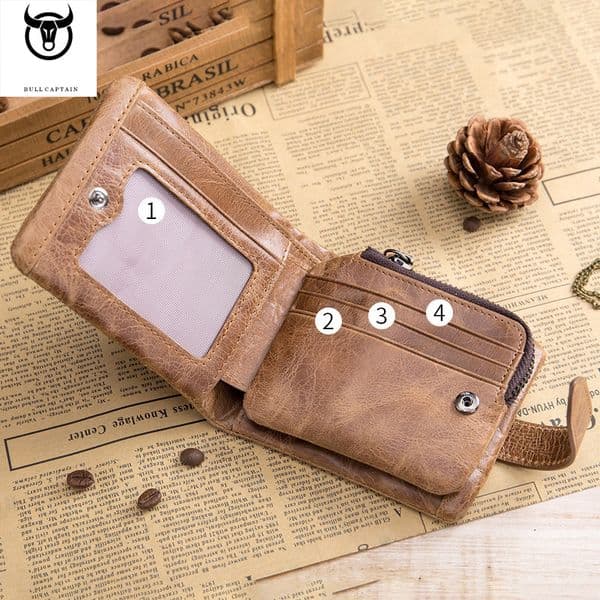 Bullcaptain Men Short Hasp Wallet Genuine Leather Men's Purse Vintage Male Coin Pocket Card Holder Luxury Money Bags JYB021