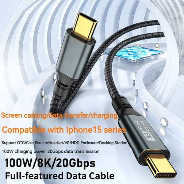 USB3.2 20Gbps Type-C Data Cable 8K Video Audio Sync 100W PD QC Fast Charging Cord Compatible with Phone15 Tablets Laptops Dock