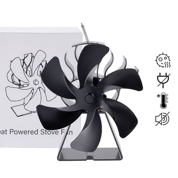 Black 6 Blades Heat Powered Stove Fan Log Wood Burner Eco-friendly Low Noise Fireplace Fan Efficient Home Warm Heat Distribution