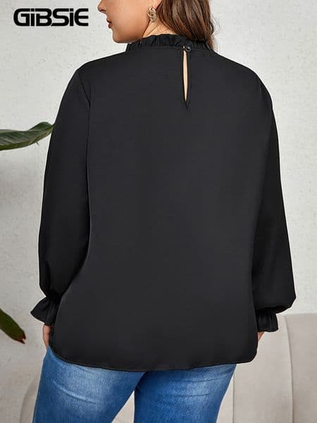 GIBSIE Plus Size Black Frill Neck Contrast Mesh Keyhole Back Blouse Women Spring Fall Elegant Long Sleeve Work Office Shirt Tops